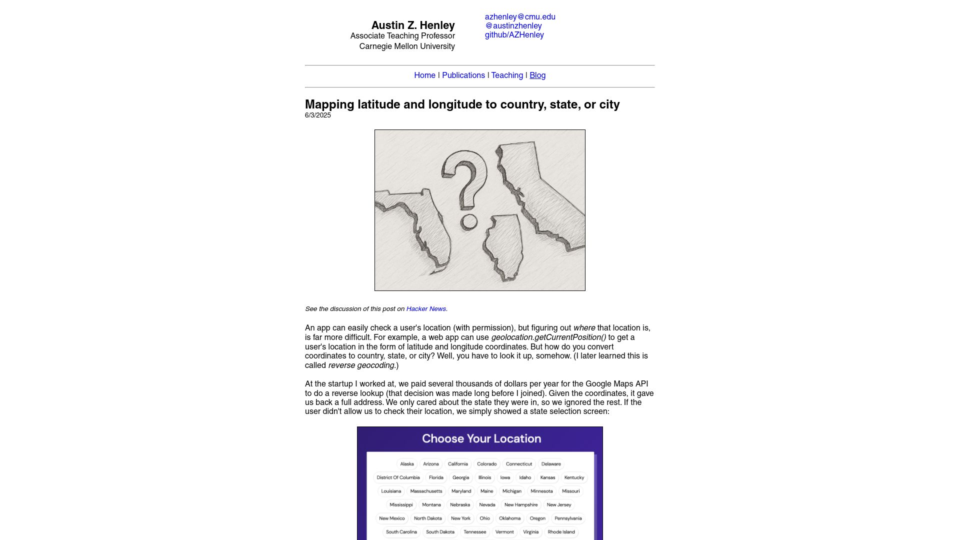 Screenshot of austinhenley.com: Mapping latitude and longitude to country, state, or city