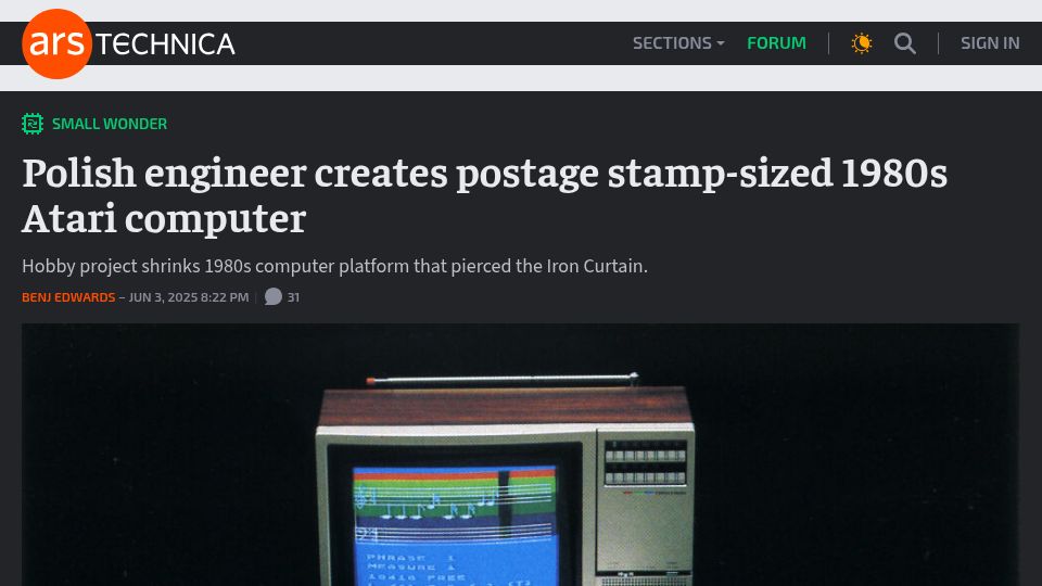 Screenshot of arstechnica.com: Polish engineer creates postage stamp-sized 1980s Atari computer