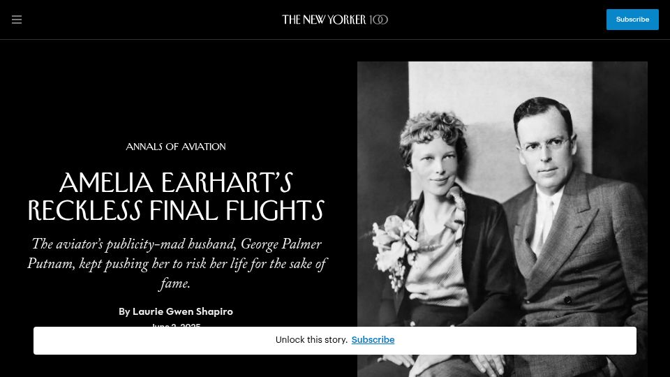 Screenshot of newyorker.com: Amelia Earhart's Reckless Final Flights