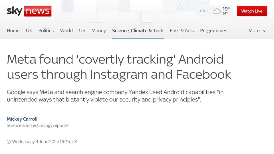 Screenshot of news.sky.com: Meta found 'covertly tracking' Android users through Instagram and Facebook