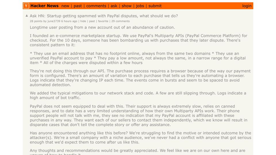 Screenshot of Hacker News post: Ask HN: Startup getting spammed with PayPal disputes, what should we do?