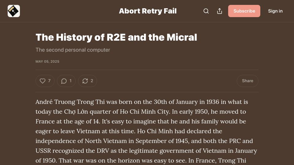 Screenshot of abortretry.fail: The History of R2E and the Micral – The second personal computer