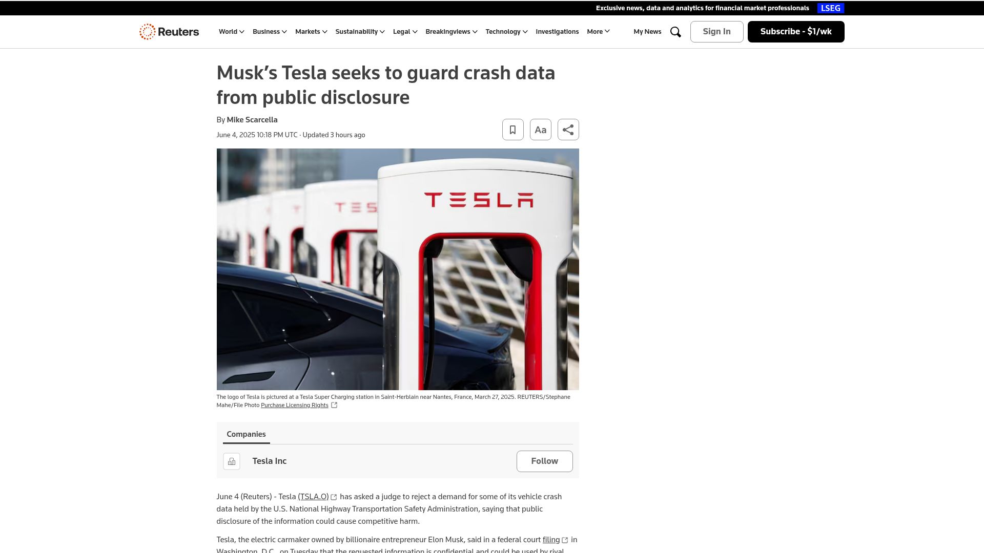 Screenshot of reuters.com: Tesla seeks to guard crash data from public disclosure