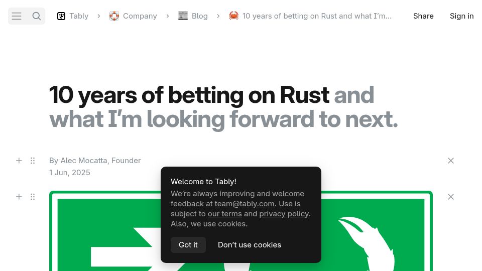 Screenshot of tably.com: 10 Years of Betting on Rust
