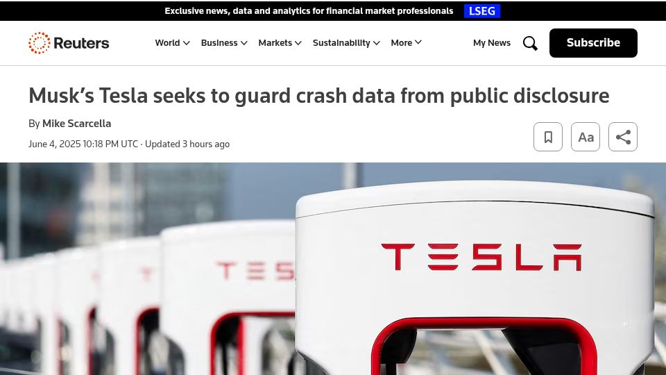 Screenshot of reuters.com: Tesla seeks to guard crash data from public disclosure