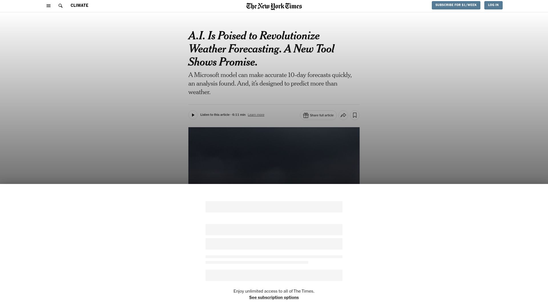 Screenshot of nytimes.com: Aurora, a foundation model for the Earth system