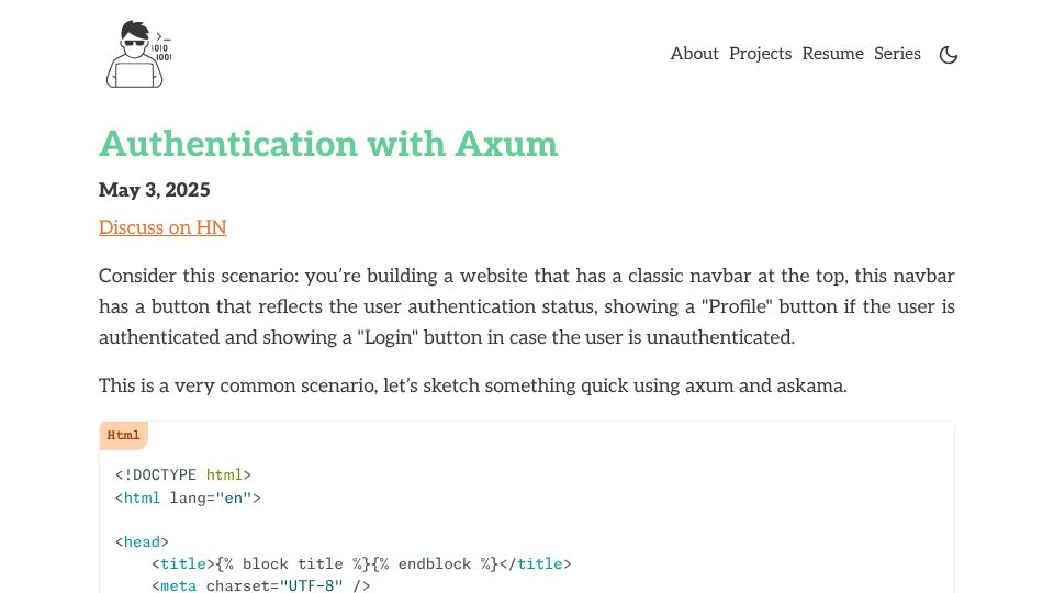 Screenshot of mattrighetti.com: Authentication with Axum