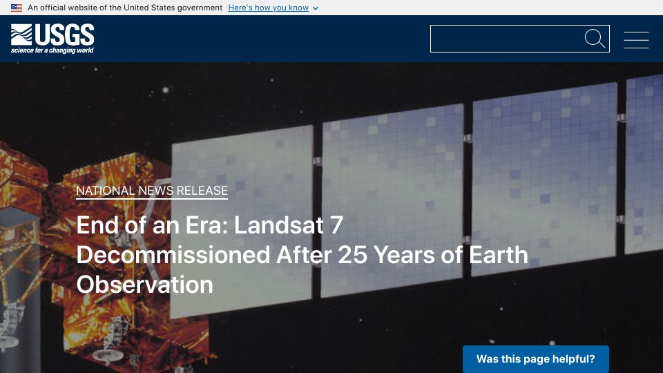 Screenshot of usgs.gov: End of an Era: Landsat 7 Decommissioned After 25 Years of Earth Observation