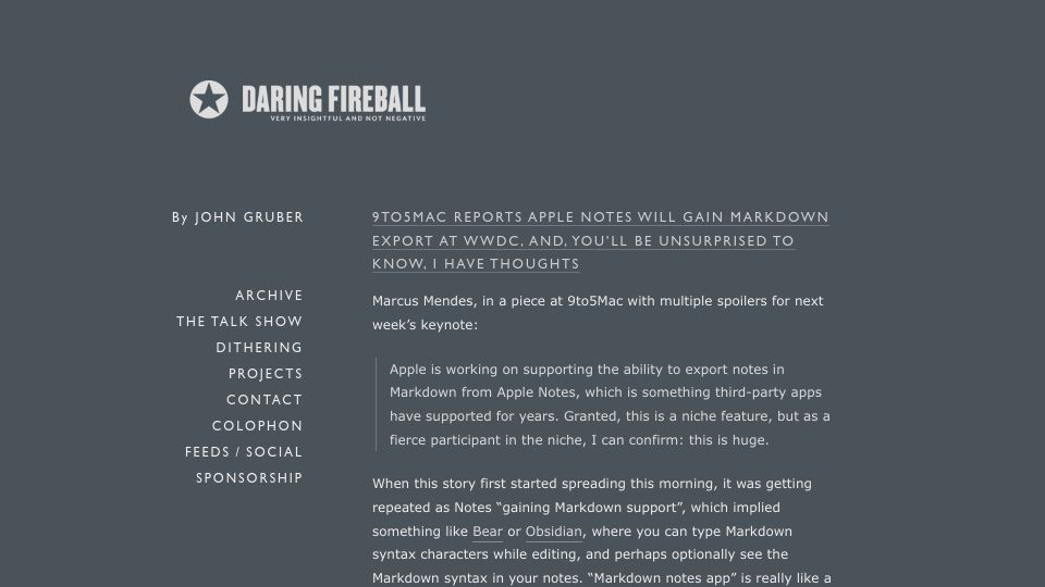 Screenshot of daringfireball.net: Apple Notes Will Gain Markdown Export at WWDC, and, I Have Thoughts