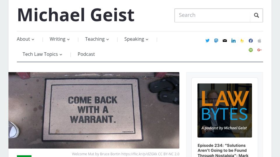 Screenshot of michaelgeist.ca: Canadian Government Buries "Lawful Access" Provisions in New Border Bill