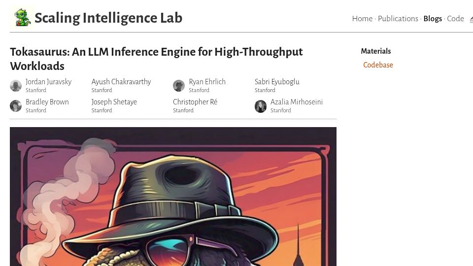 Screenshot of scalingintelligence.stanford.edu: Tokasaurus: An LLM inference engine for high-throughput workloads