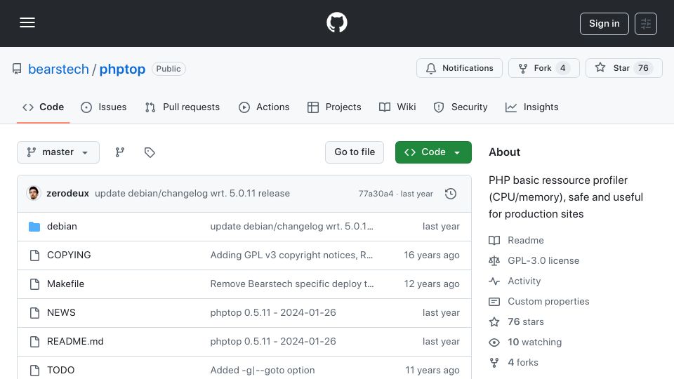 Screenshot of github.com: Phptop: Simple PHP ressource profiler, safe and useful for production sites