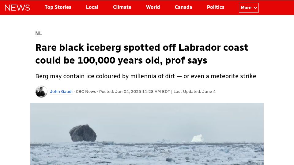 Screenshot of cbc.ca: Rare black iceberg spotted off Labrador coast could be 100k years old