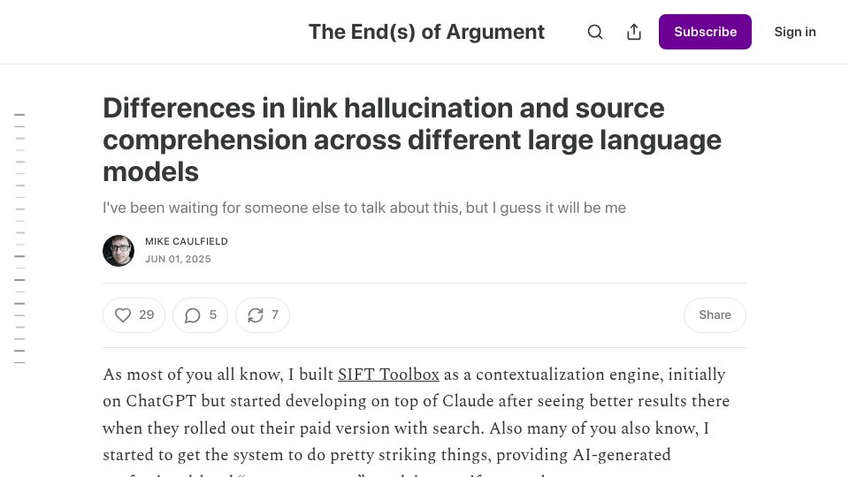 Screenshot of mikecaulfield.substack.com: Differences in link hallucination and source comprehension across different LLM