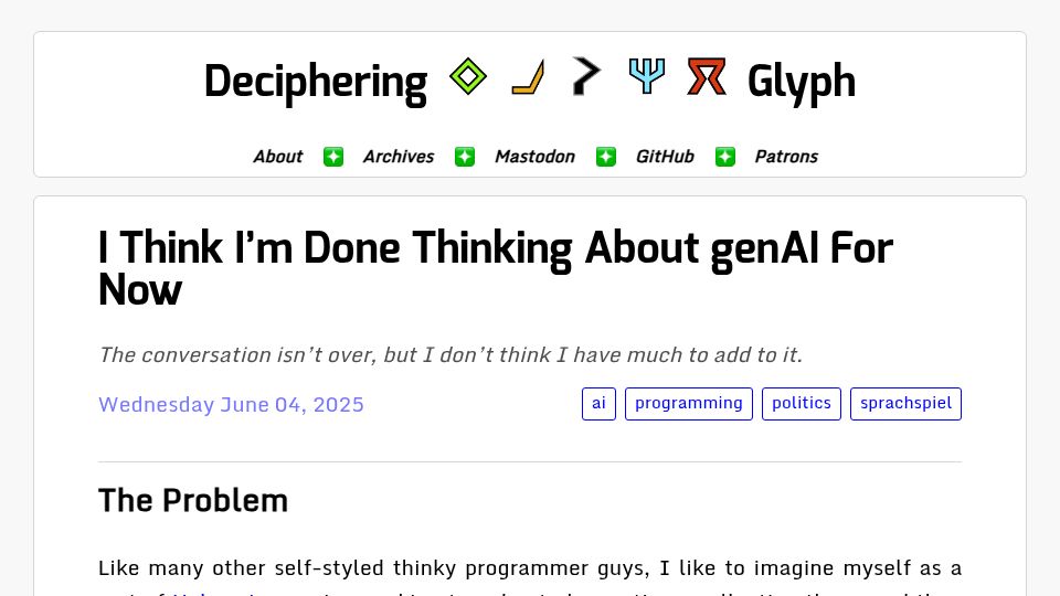 Screenshot of blog.glyph.im: I think I'm done thinking about GenAI for now