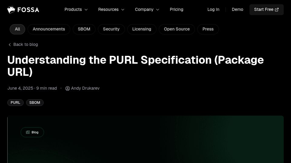 Screenshot of fossa.com: Understanding the PURL Specification (Package URL)