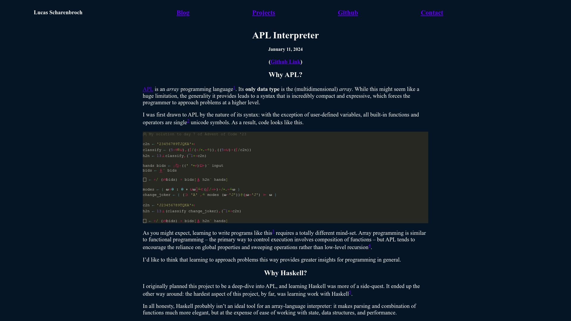 Screenshot of scharenbroch.dev: APL Interpreter – An implementation of APL, written in Haskell (2024)