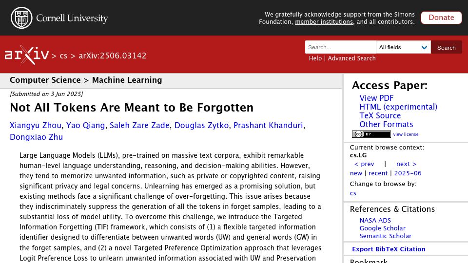 Screenshot of arxiv.org: Not all tokens are meant to be forgotten