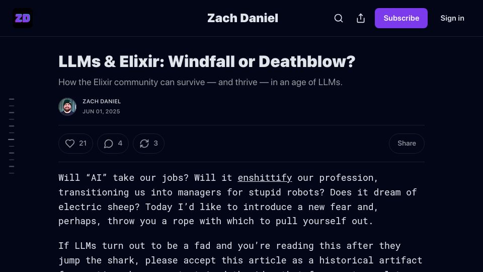 Screenshot of zachdaniel.dev: LLMs and Elixir: Windfall or Deathblow?