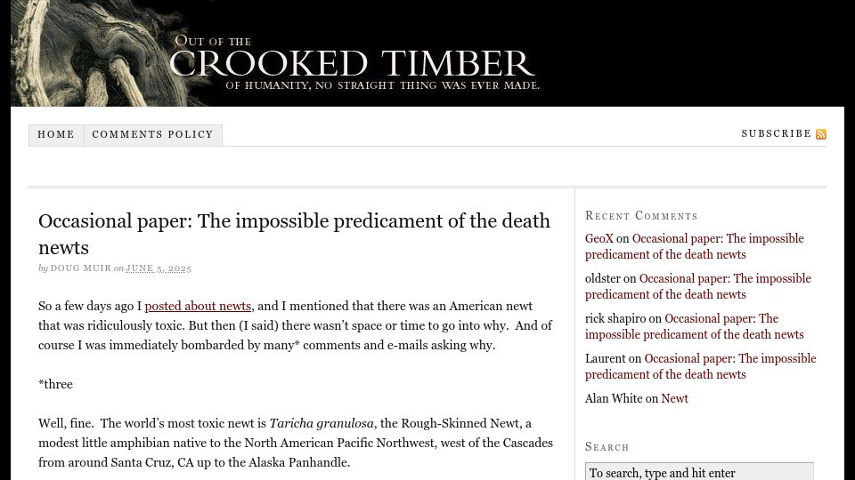 Screenshot of crookedtimber.org: The impossible predicament of the death newts