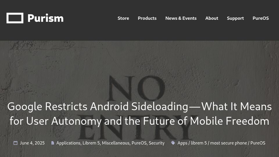 Screenshot of puri.sm: Google restricts Android sideloading