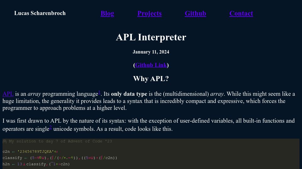 Screenshot of scharenbroch.dev: APL Interpreter – An implementation of APL, written in Haskell (2024)