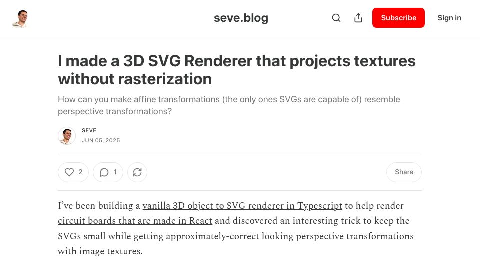 Screenshot of seve.blog: Show HN: I made a 3D SVG Renderer that projects textures without rasterization
