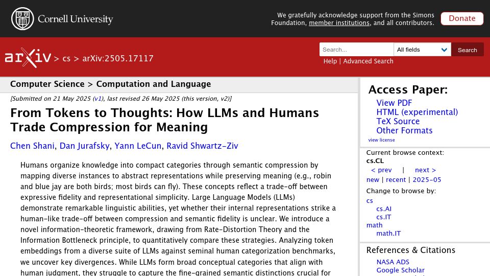 Screenshot of arxiv.org: From tokens to thoughts: How LLMs and humans trade compression for meaning