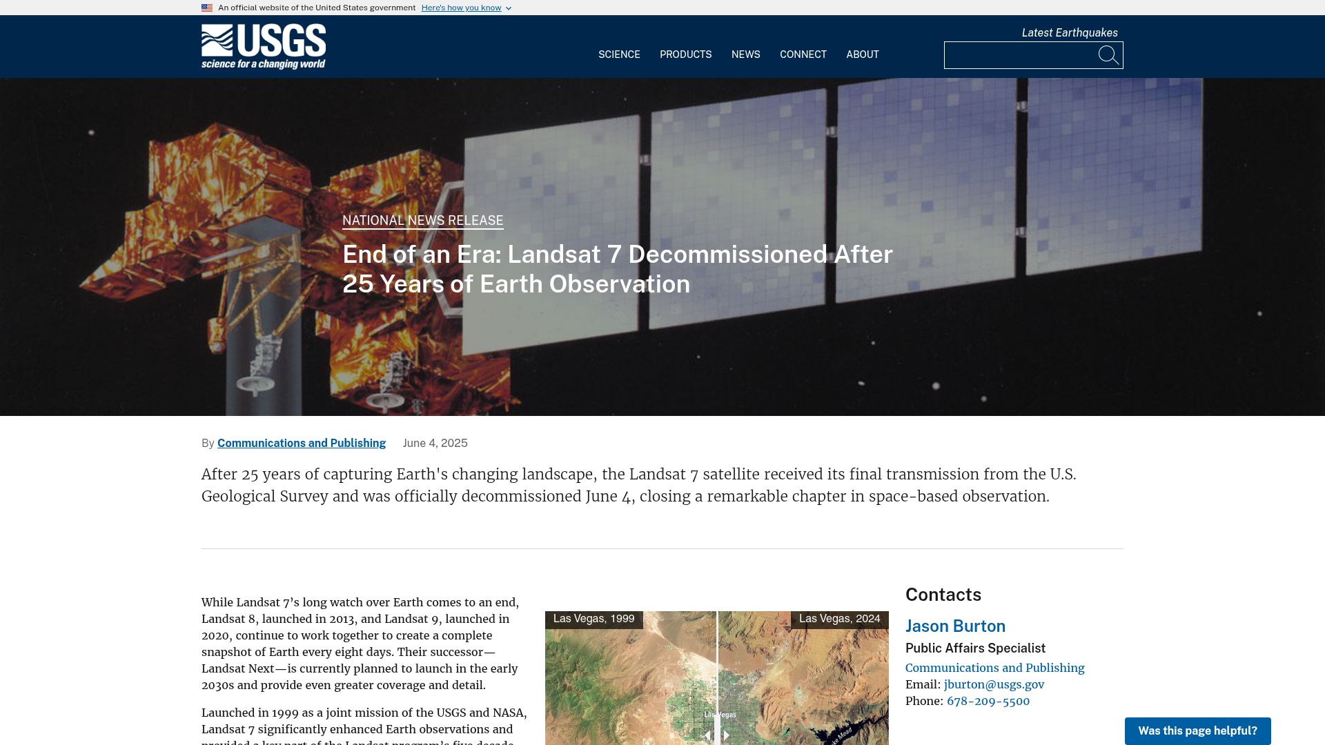 Screenshot of usgs.gov: End of an Era: Landsat 7 Decommissioned After 25 Years of Earth Observation