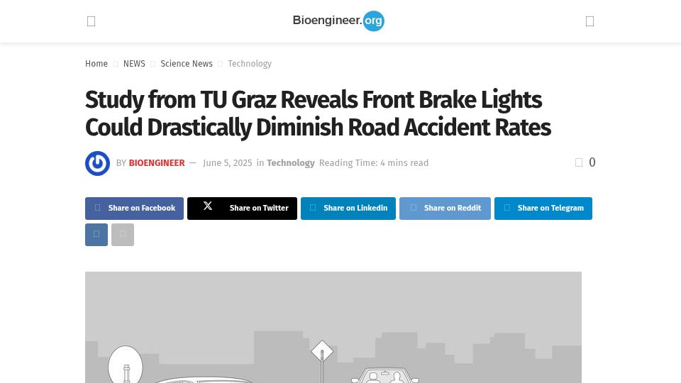 Screenshot of bioengineer.org: Front Brake Lights Could Drastically Diminish Road Accident Rates