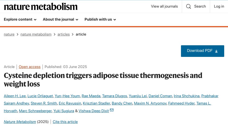 Screenshot of nature.com: Cysteine depletion triggers adipose tissue thermogenesis and weight loss