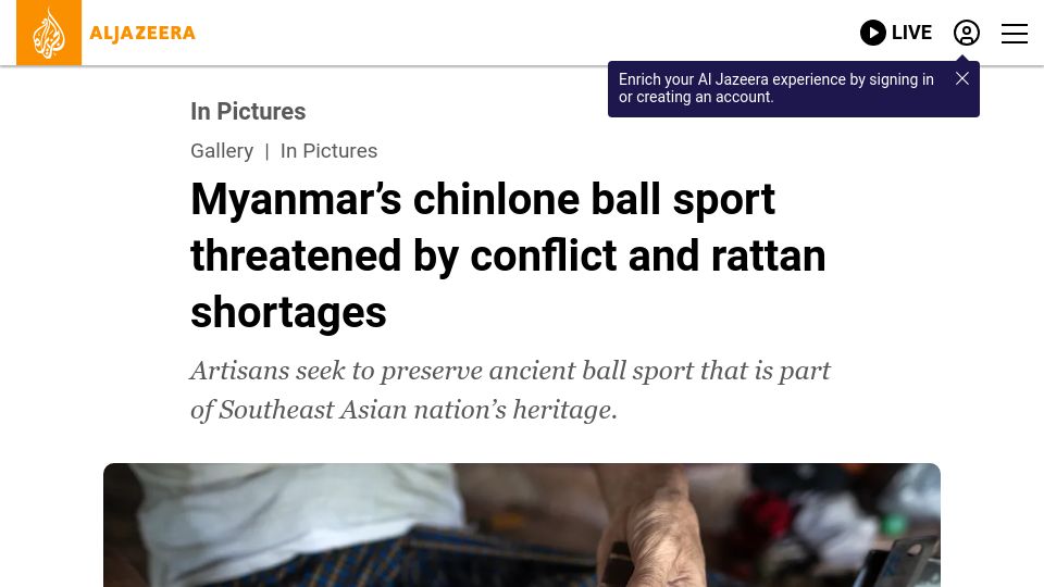 Screenshot of aljazeera.com: Myanmar's chinlone ball sport threatened by conflict and rattan shortages