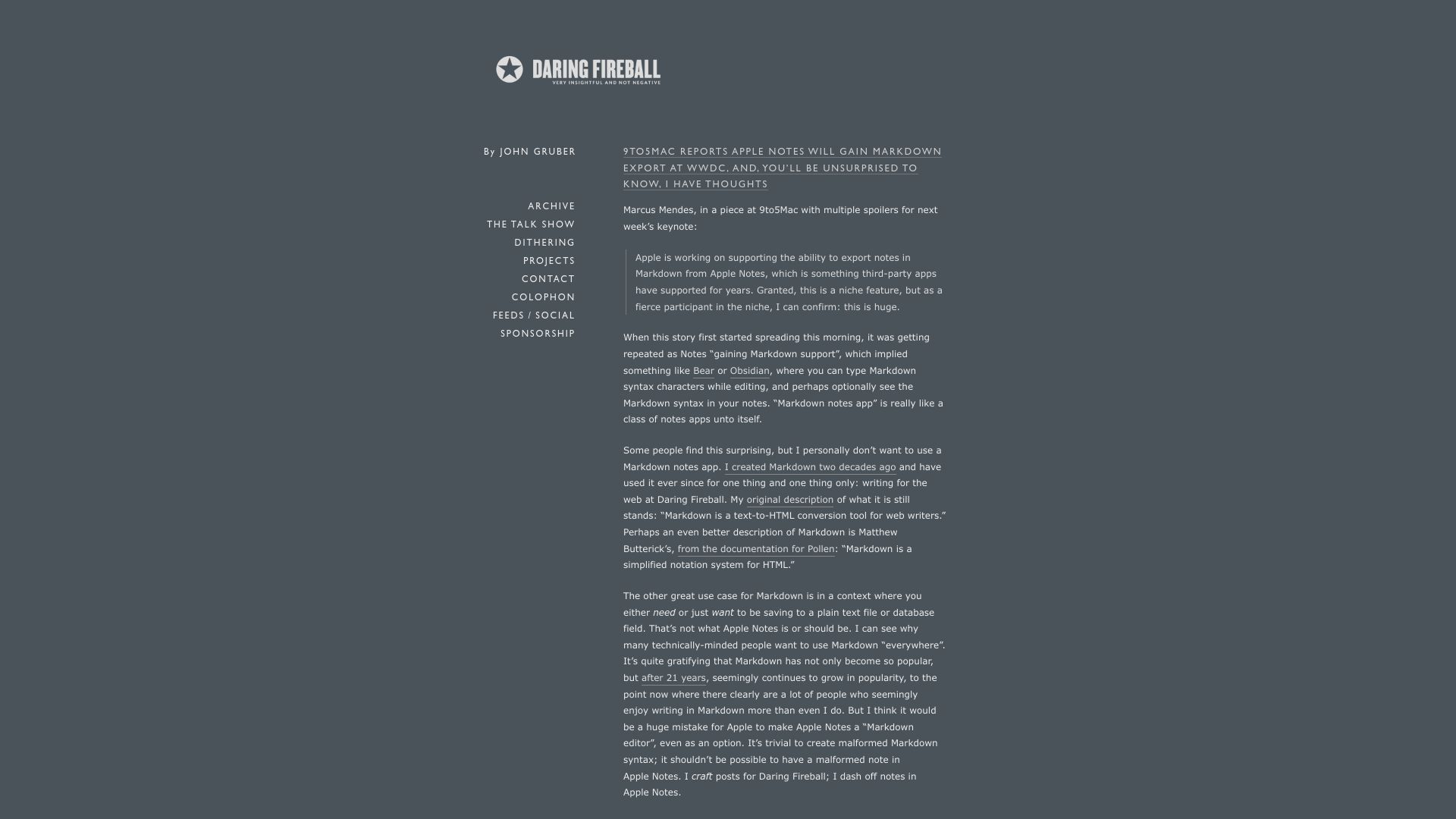 Screenshot of daringfireball.net: Apple Notes Will Gain Markdown Export at WWDC, and, I Have Thoughts