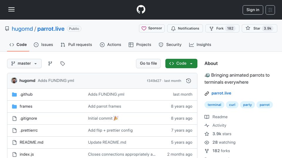 Screenshot of github.com: parrot.live