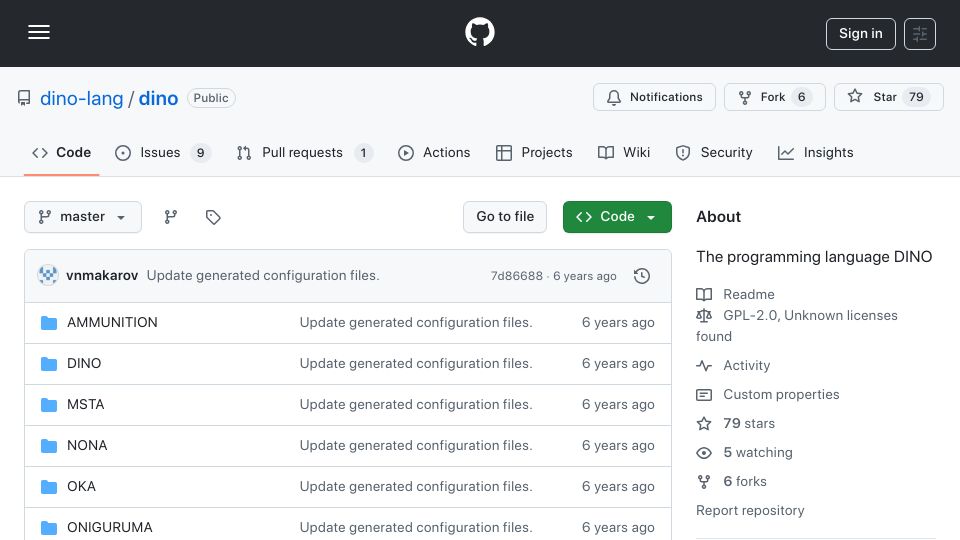 Screenshot of github.com: Programming language Dino and its implementation
