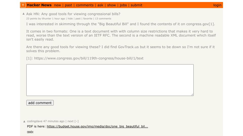 Screenshot of Hacker News post: Ask HN: Any good tools for viewing congressional bills?