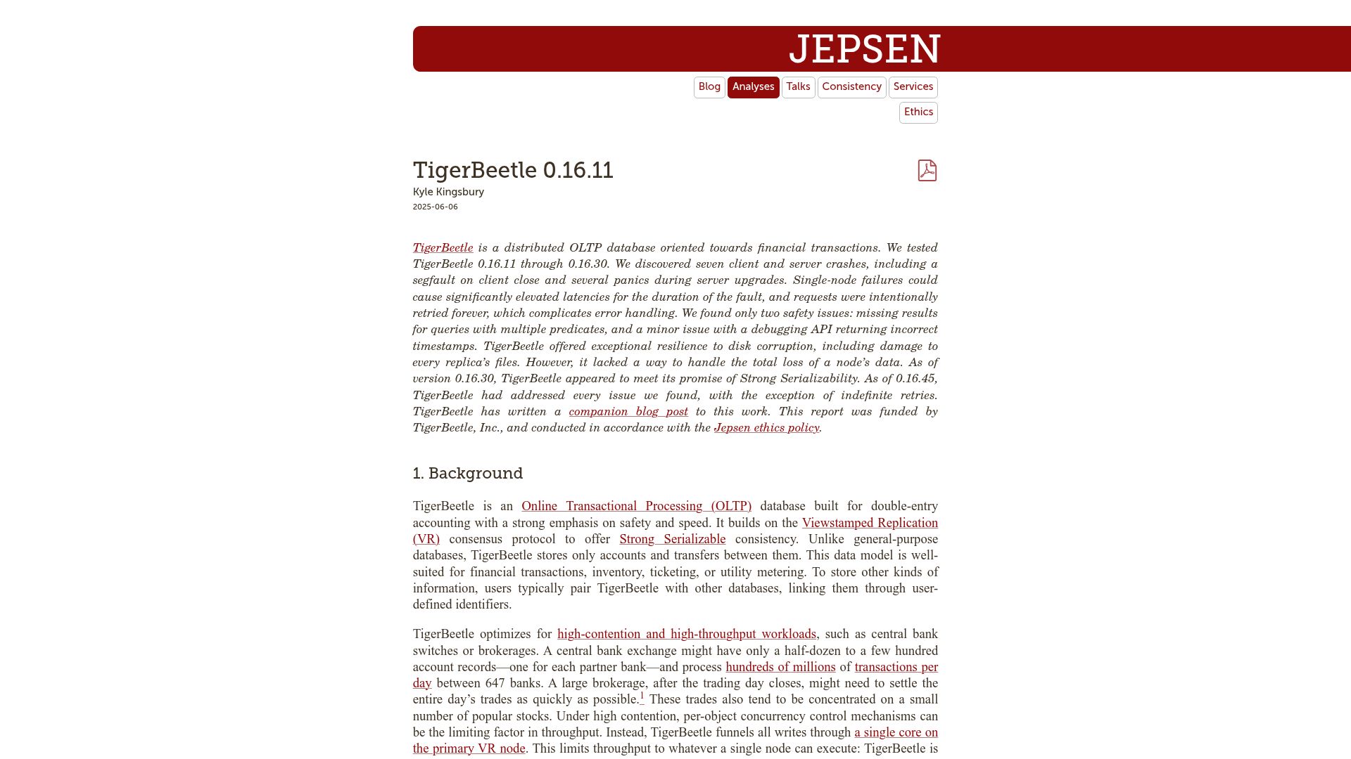Screenshot of jepsen.io: Jepsen: TigerBeetle 0.16.11