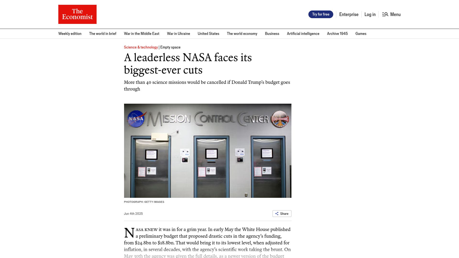 Screenshot of economist.com: A leaderless NASA faces its biggest-ever cuts