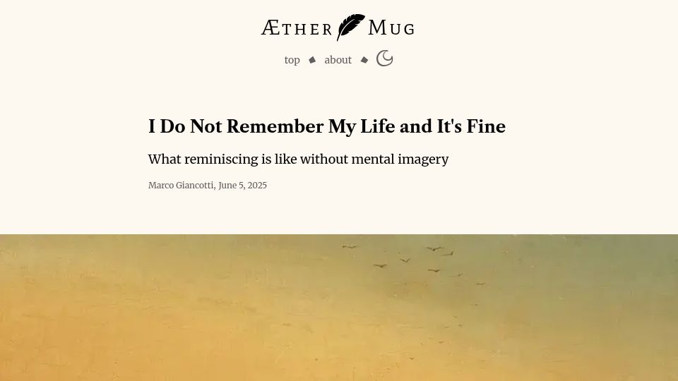 Screenshot of aethermug.com: I do not remember my life and it's fine