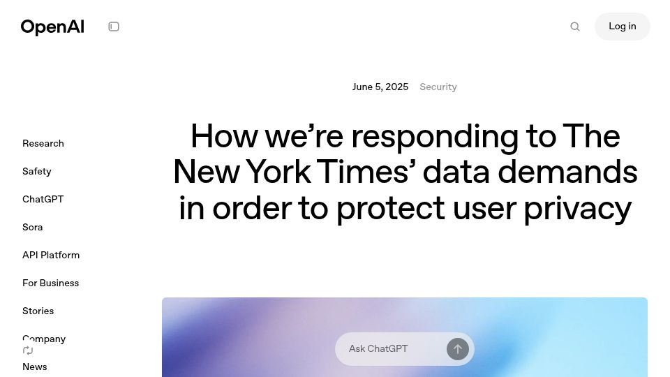 Screenshot of openai.com: How we’re responding to The NYT’s data demands in order to protect user privacy