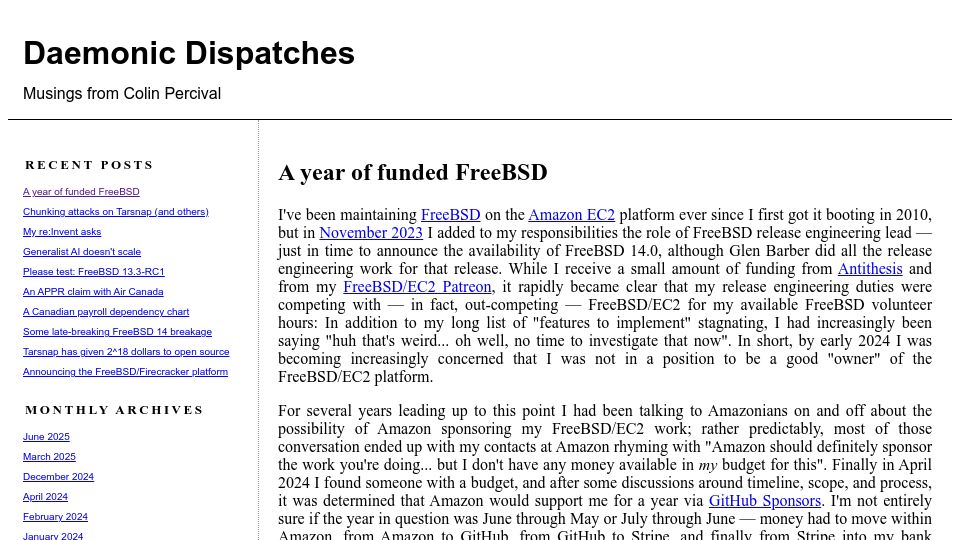 Screenshot of daemonology.net: A year of funded FreeBSD development
