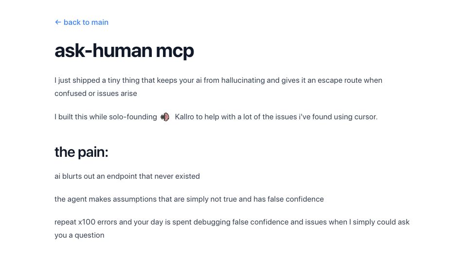 Screenshot of masonyarbrough.com: Show HN: Ask-human-mcp – zero-config human-in-loop hatch to stop hallucinations