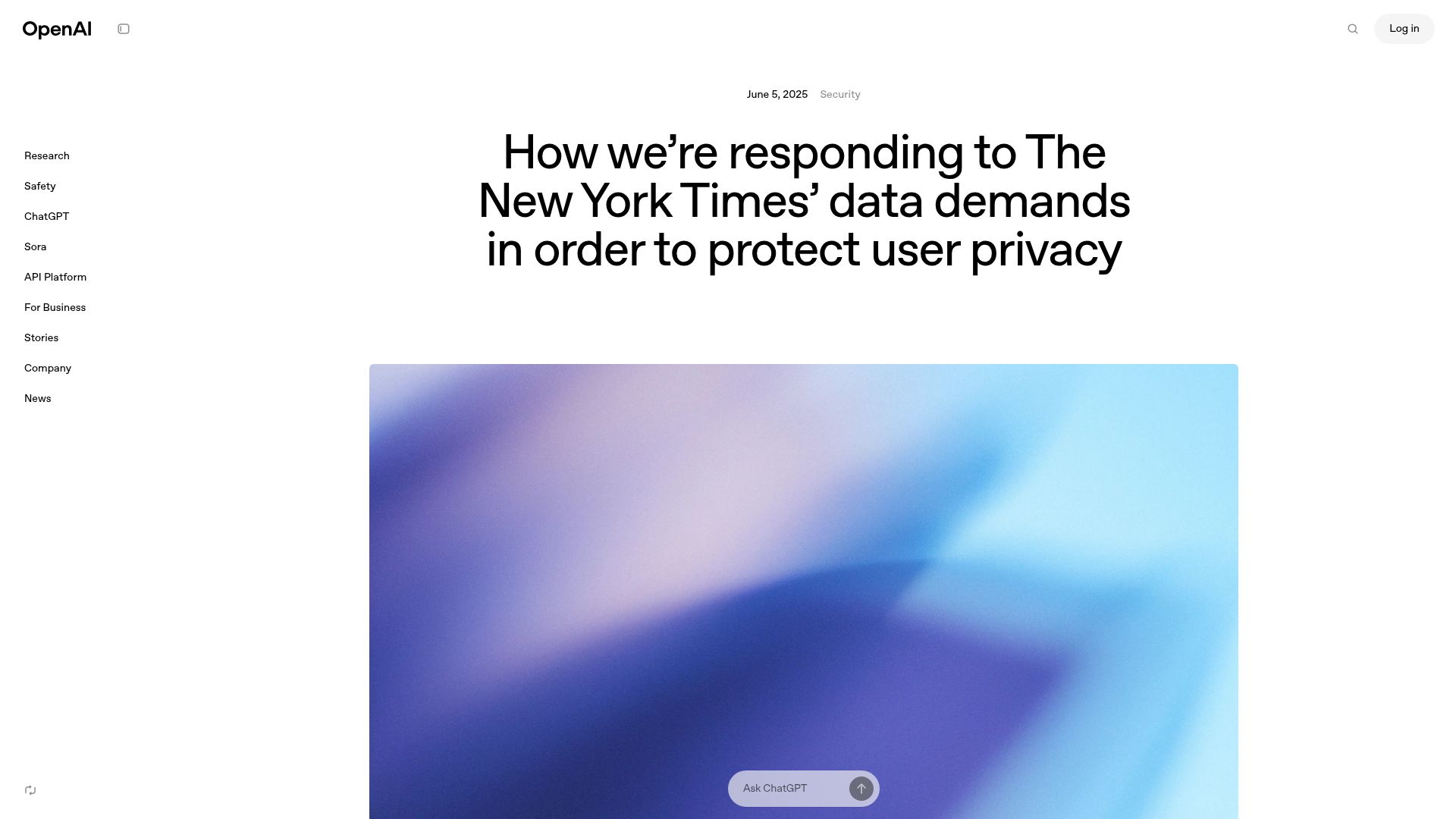 Screenshot of openai.com: How we’re responding to The NYT’s data demands in order to protect user privacy
