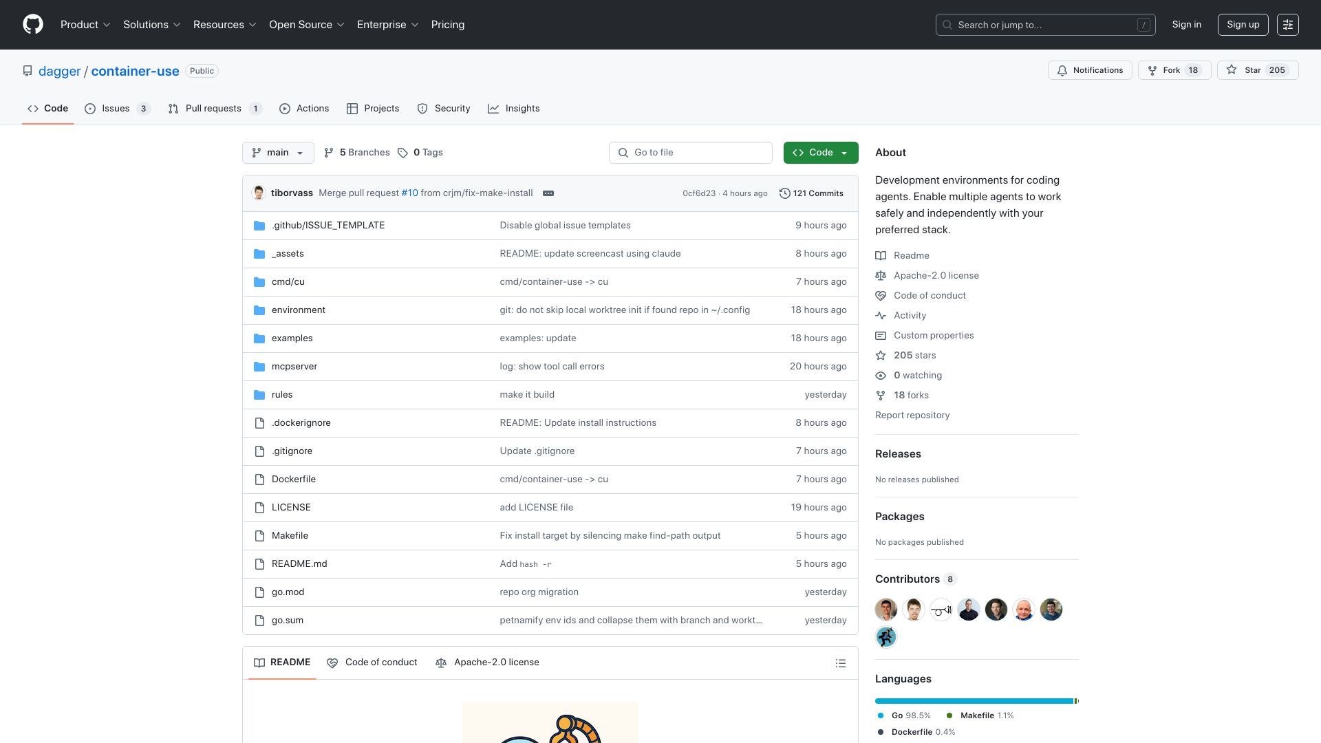 Screenshot of github.com: Show HN: Container Use for Agents