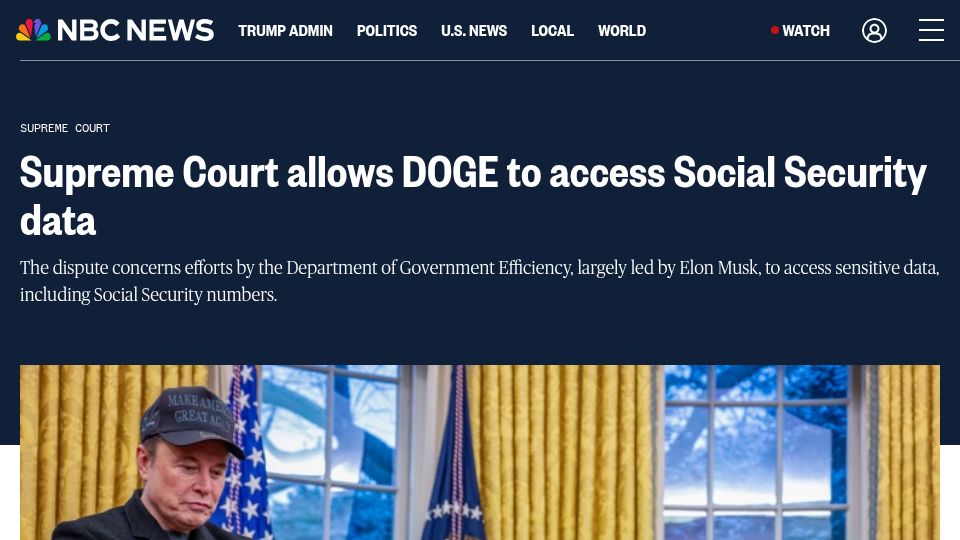 Screenshot of nbcnews.com: Supreme Court allows DOGE to access social security data
