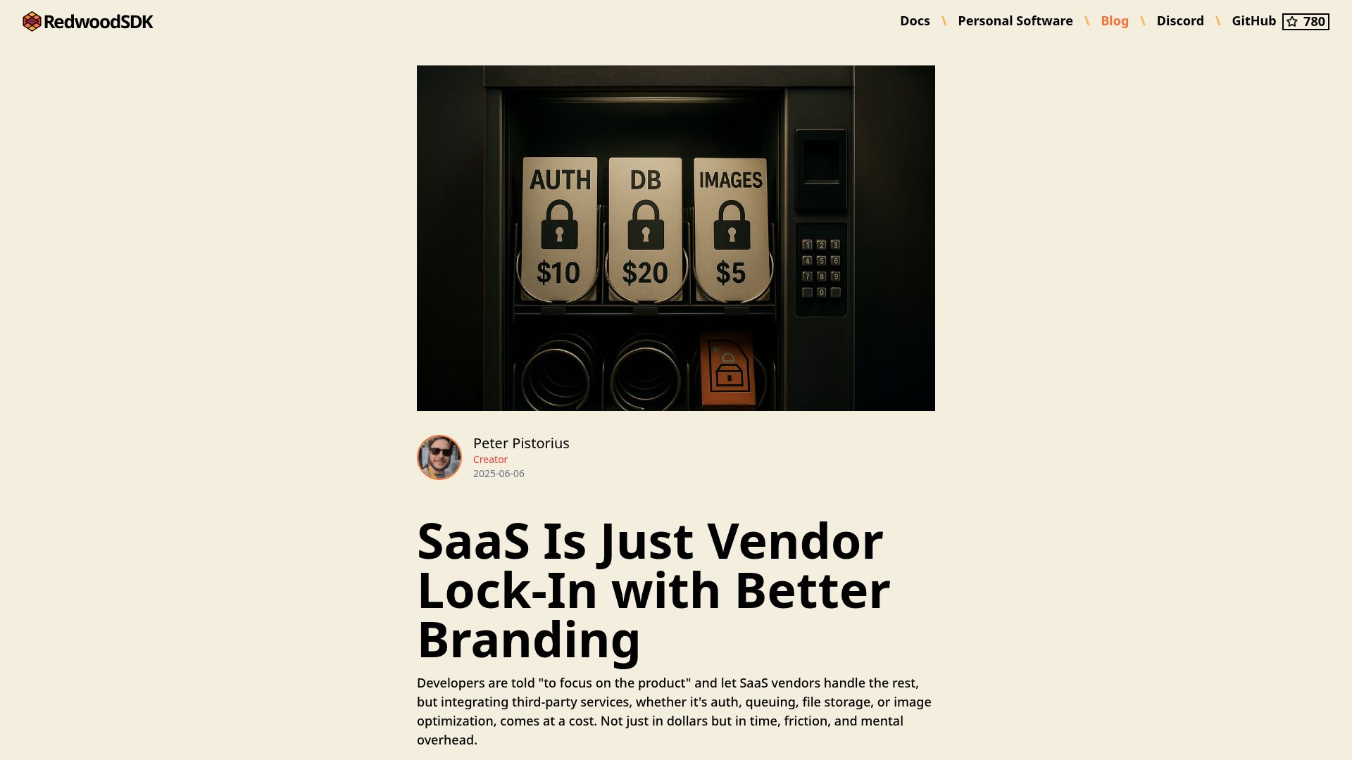 Screenshot of rwsdk.com: SaaS is just vendor lock-in with better branding