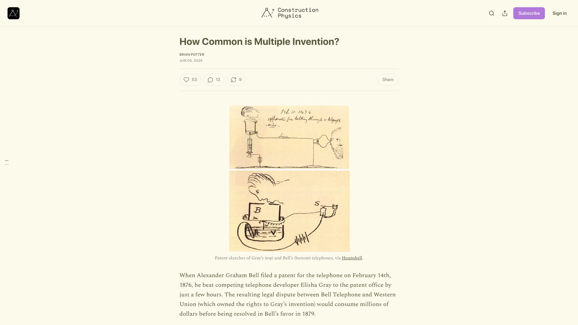 Screenshot of construction-physics.com: How Common Is Multiple Invention?