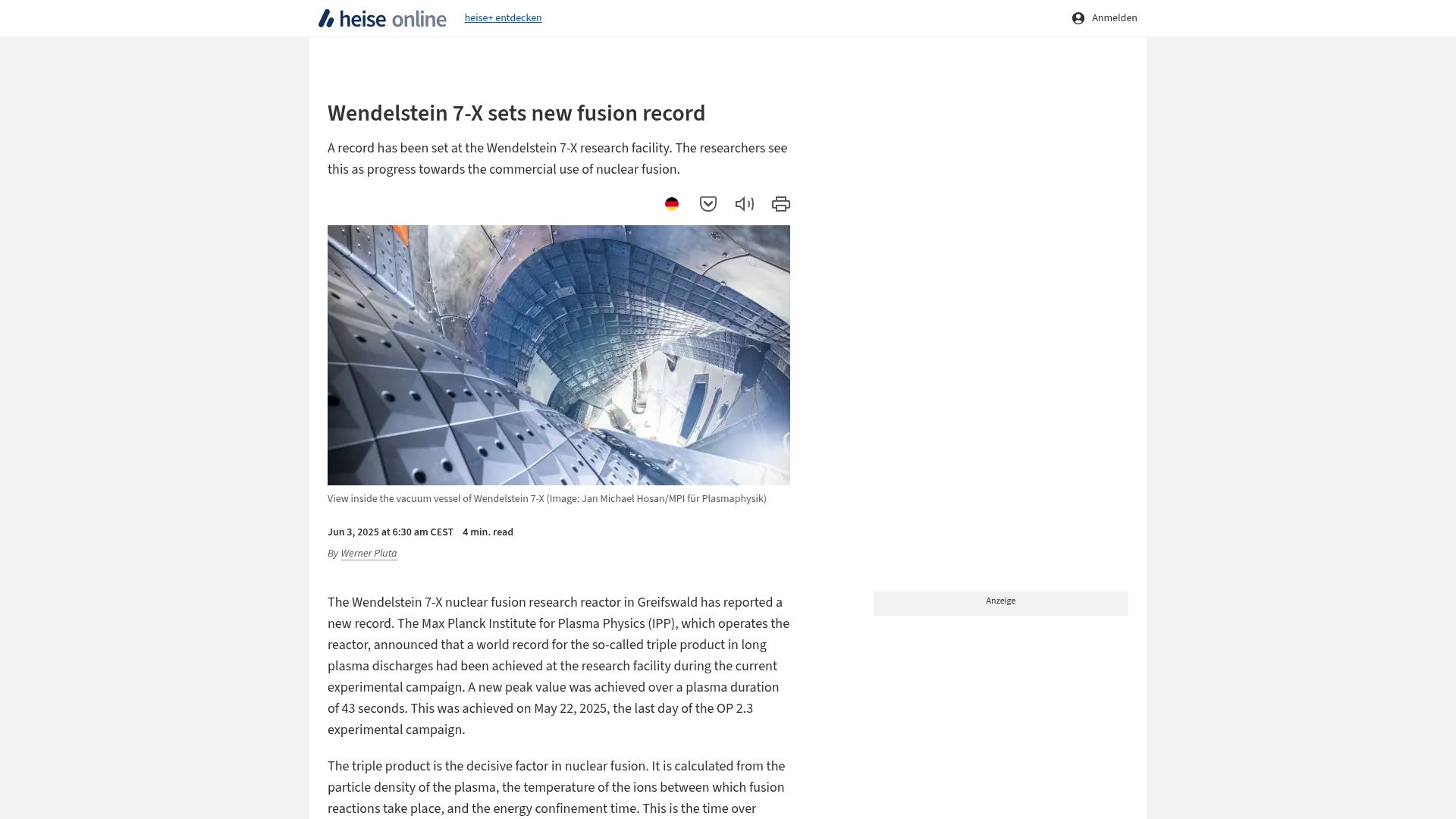 Screenshot of heise.de: Wendelstein 7-X sets new fusion record