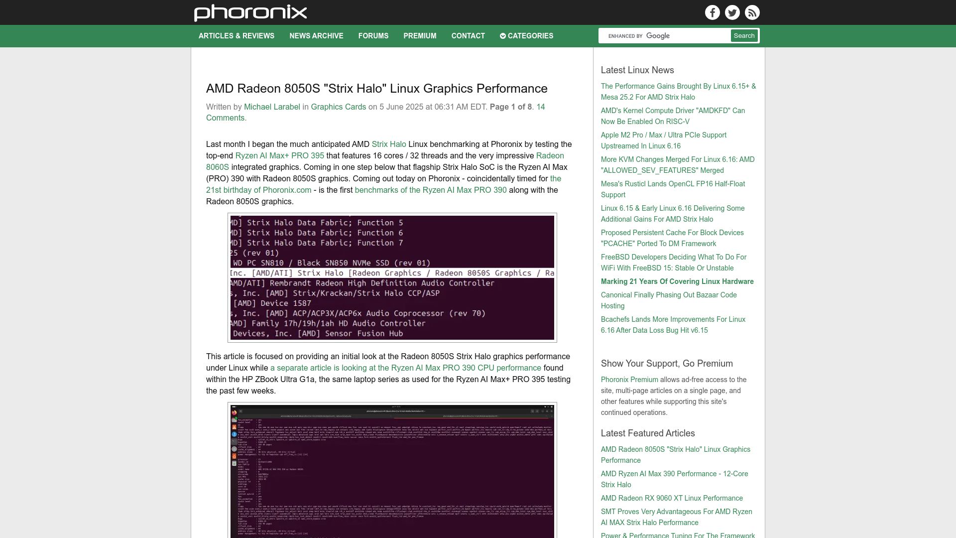 Screenshot of phoronix.com: AMD Radeon 8050S “Strix Halo” Linux Graphics Performance Review