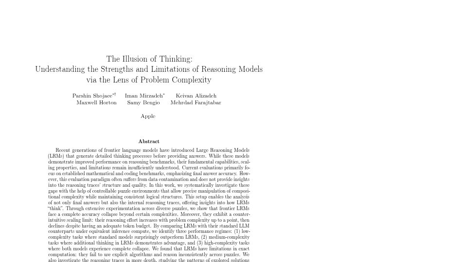 Screenshot of ml-site.cdn-apple.com: The Illusion of Thinking: Understanding the Limitations of Reasoning LLMs [pdf]